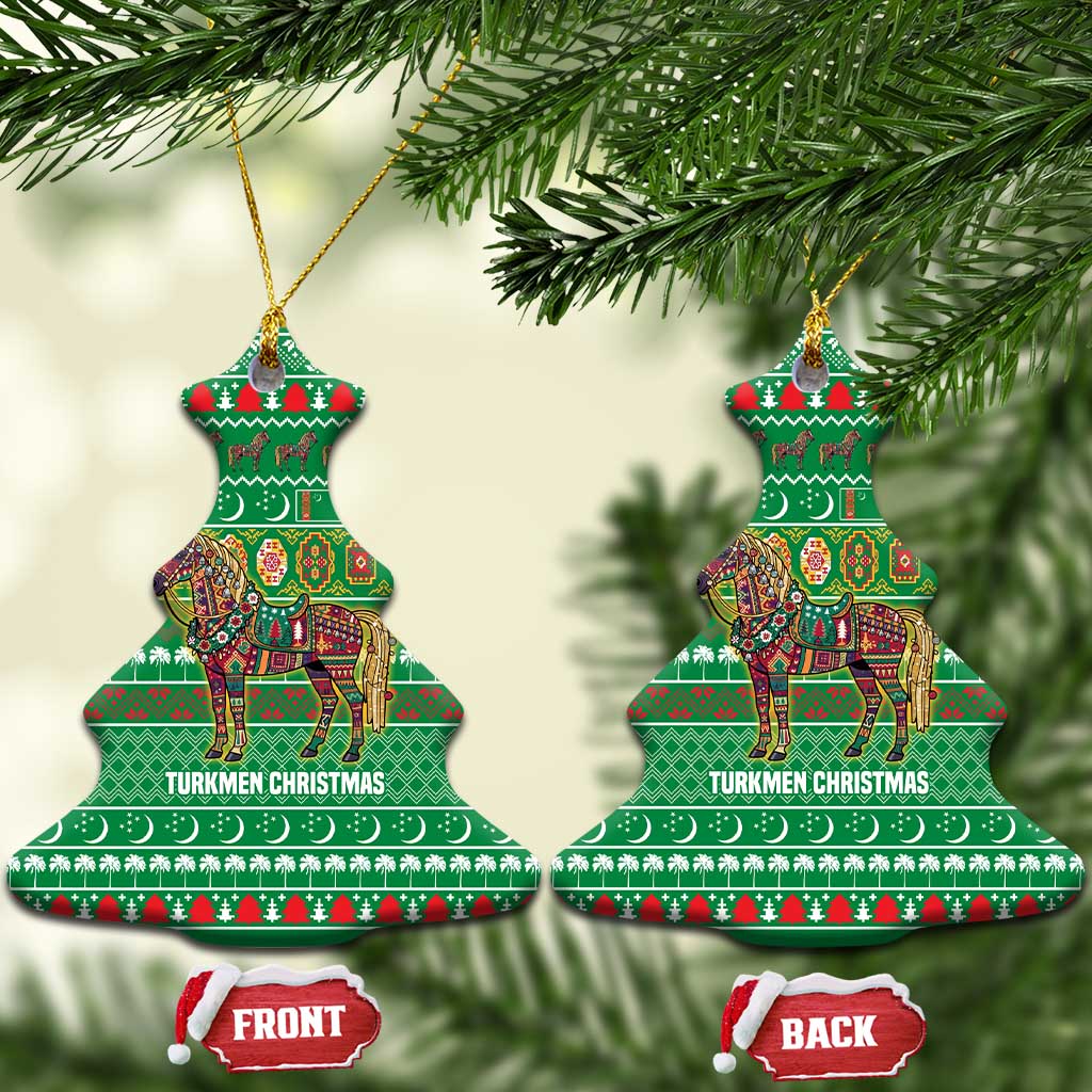 Turkmenistan Christmas Ceramic Ornament with Decorated Horse Crescent Moon Pattern and Traditional Carpet - Wonder Print Shop