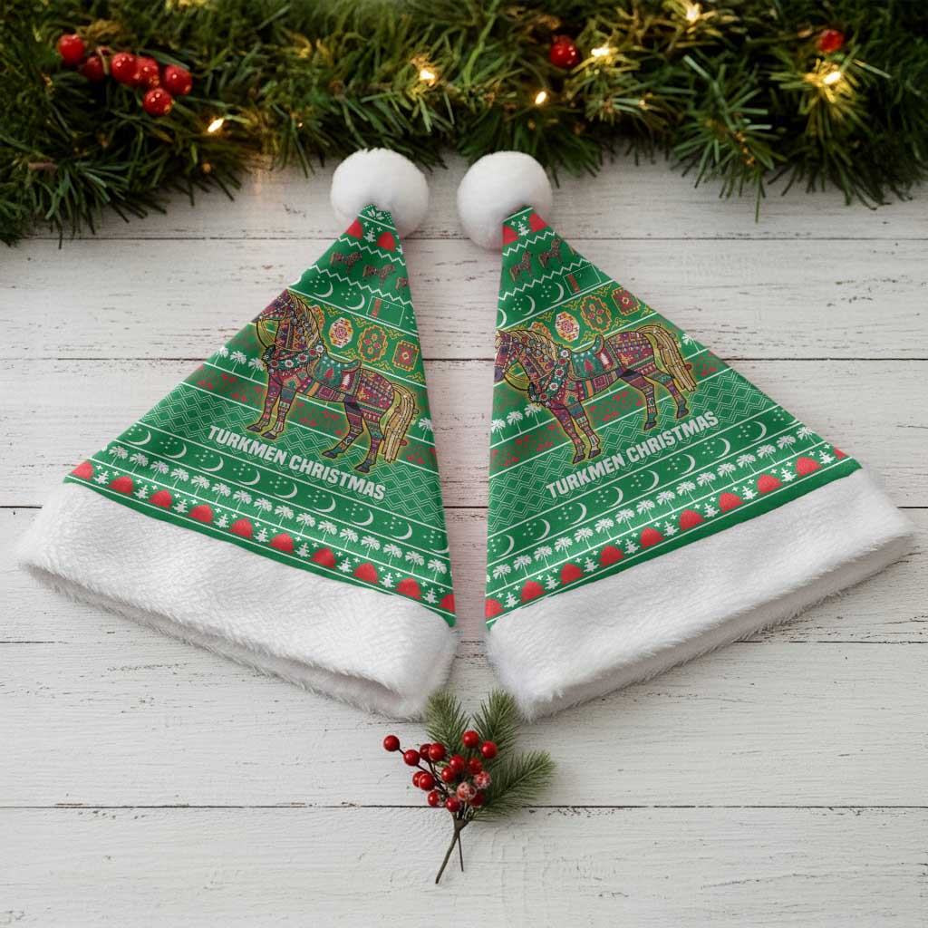 Turkmenistan Christmas Santa Hat with Decorated Horse Crescent Moon Pattern and Traditional Carpet - Wonder Print Shop