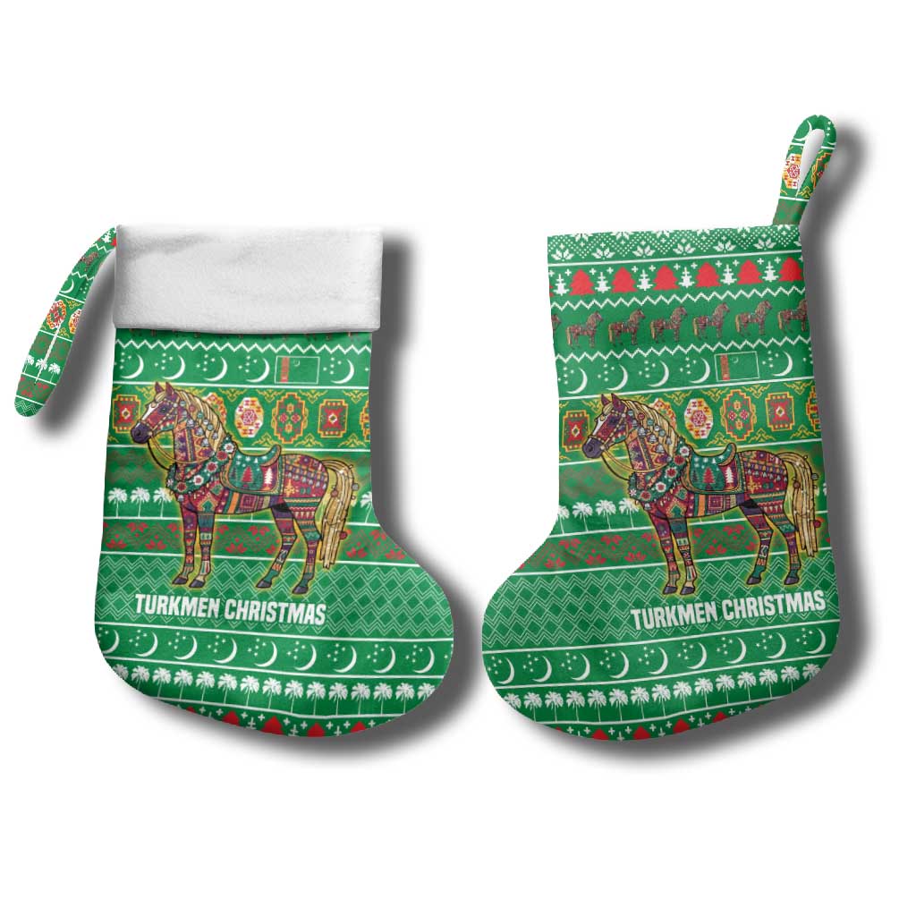 Turkmenistan Christmas Stocking with Decorated Horse Crescent Moon Pattern and Traditional Carpet - Wonder Print Shop