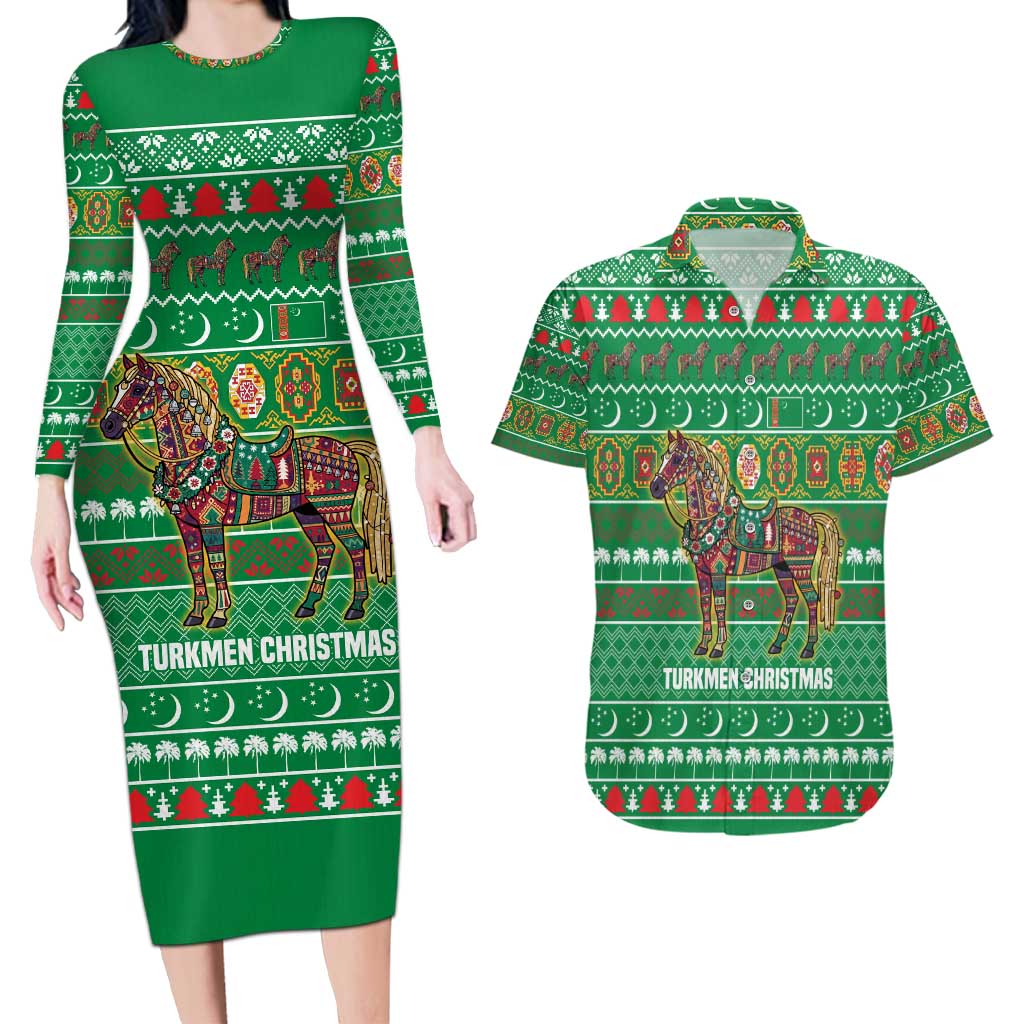 Turkmenistan Christmas Couples Matching Long Sleeve Bodycon Dress and Hawaiian Shirt with Decorated Horse Crescent Moon Pattern and Traditional Carpet - Wonder Print Shop