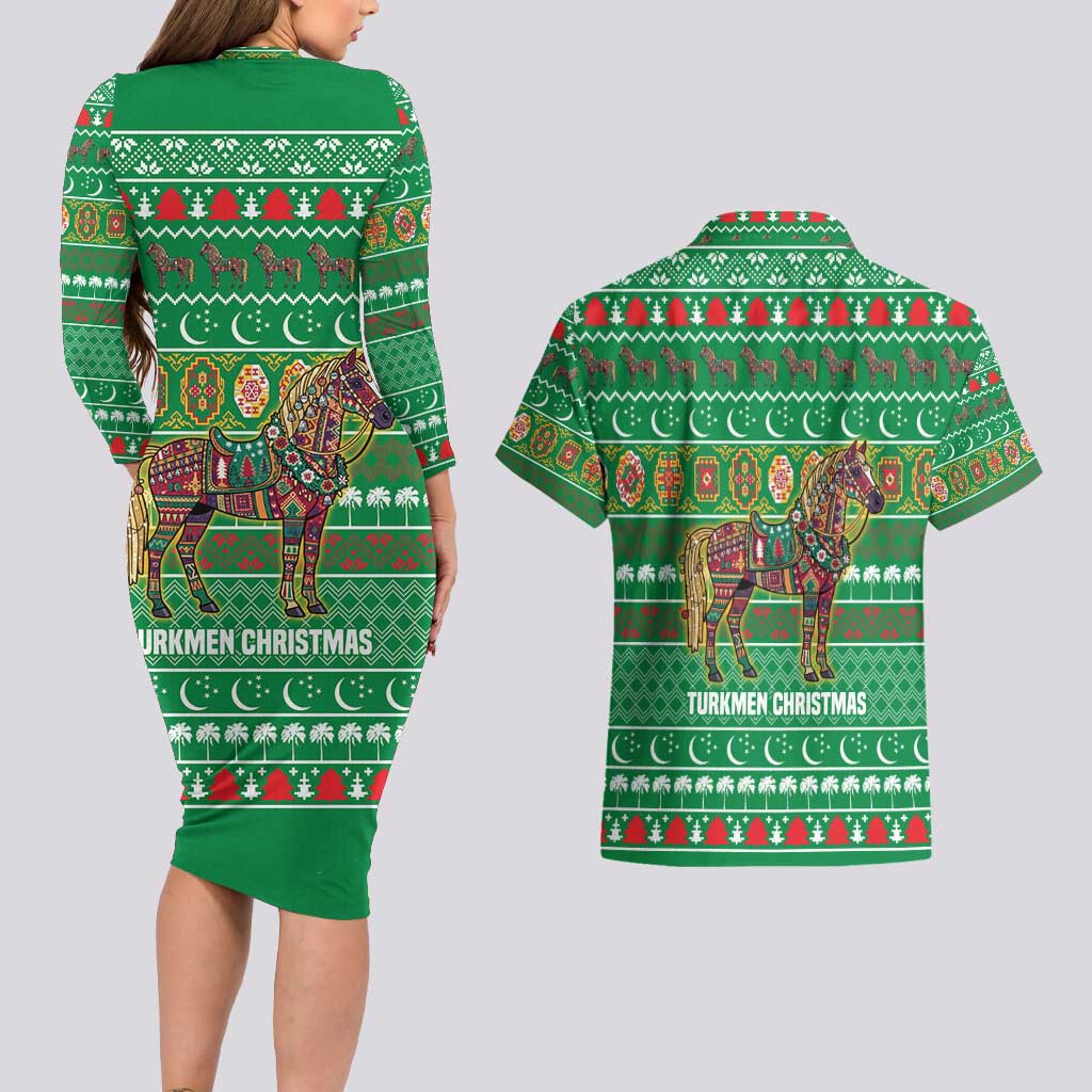 Turkmenistan Christmas Couples Matching Long Sleeve Bodycon Dress and Hawaiian Shirt with Decorated Horse Crescent Moon Pattern and Traditional Carpet - Wonder Print Shop