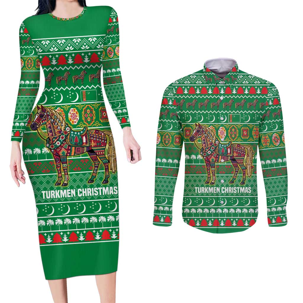 Turkmenistan Christmas Couples Matching Long Sleeve Bodycon Dress and Long Sleeve Button Shirt with Decorated Horse Crescent Moon Pattern and Traditional Carpet - Wonder Print Shop