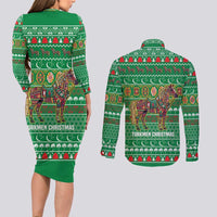Turkmenistan Christmas Couples Matching Long Sleeve Bodycon Dress and Long Sleeve Button Shirt with Decorated Horse Crescent Moon Pattern and Traditional Carpet - Wonder Print Shop