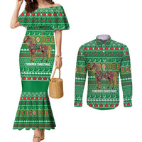 Turkmenistan Christmas Couples Matching Mermaid Dress and Long Sleeve Button Shirt with Decorated Horse Crescent Moon Pattern and Traditional Carpet - Wonder Print Shop