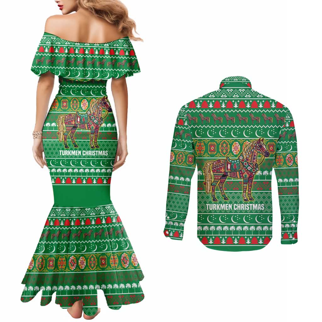 Turkmenistan Christmas Couples Matching Mermaid Dress and Long Sleeve Button Shirt with Decorated Horse Crescent Moon Pattern and Traditional Carpet - Wonder Print Shop