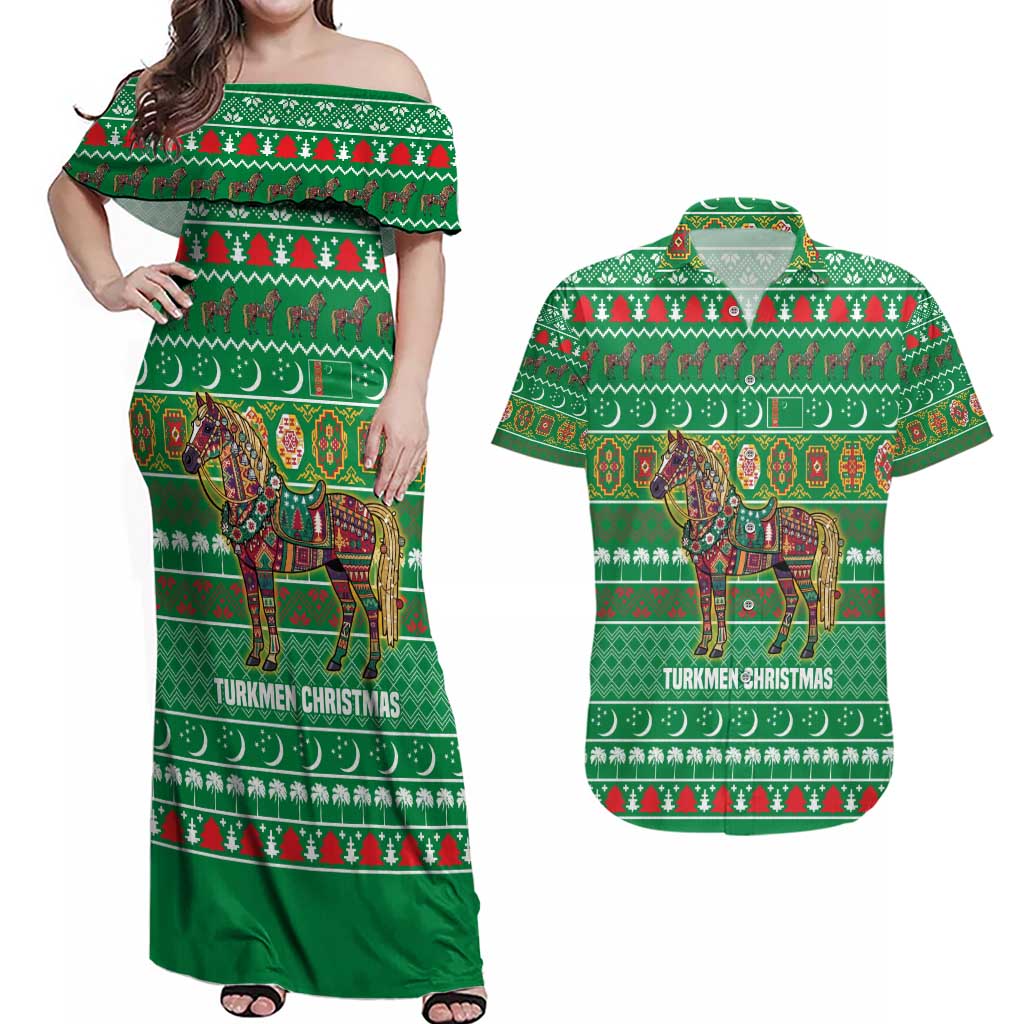 Turkmenistan Christmas Couples Matching Off Shoulder Maxi Dress and Hawaiian Shirt with Decorated Horse Crescent Moon Pattern and Traditional Carpet - Wonder Print Shop