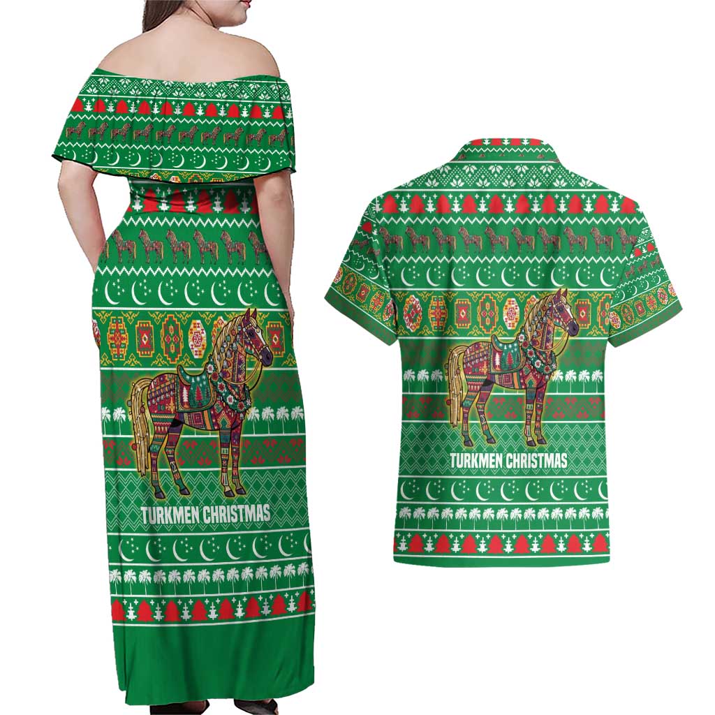 Turkmenistan Christmas Couples Matching Off Shoulder Maxi Dress and Hawaiian Shirt with Decorated Horse Crescent Moon Pattern and Traditional Carpet - Wonder Print Shop