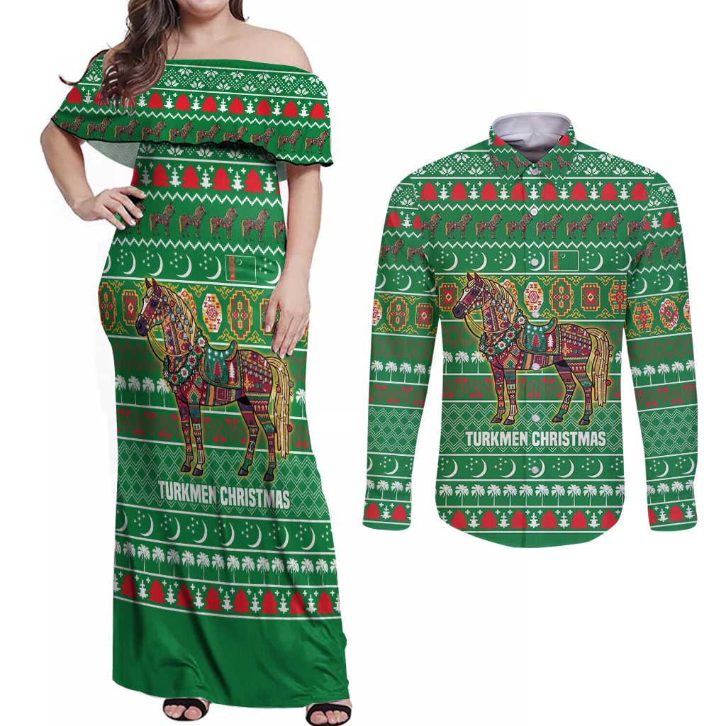 Turkmenistan Christmas Couples Matching Off Shoulder Maxi Dress and Long Sleeve Button Shirt with Decorated Horse Crescent Moon Pattern and Traditional Carpet - Wonder Print Shop