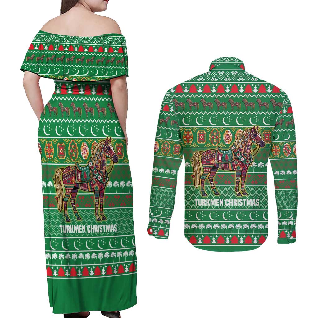 Turkmenistan Christmas Couples Matching Off Shoulder Maxi Dress and Long Sleeve Button Shirt with Decorated Horse Crescent Moon Pattern and Traditional Carpet - Wonder Print Shop