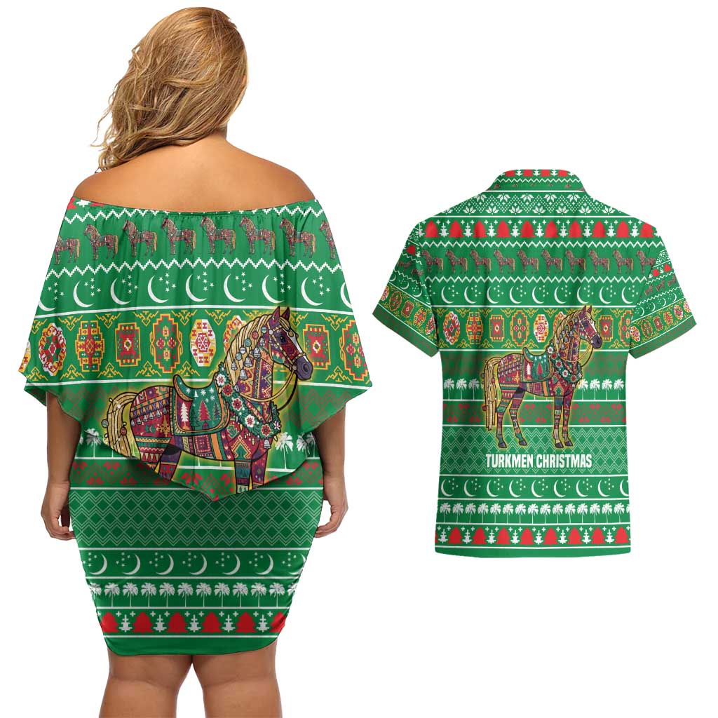 Turkmenistan Christmas Couples Matching Off Shoulder Short Dress and Hawaiian Shirt with Decorated Horse Crescent Moon Pattern and Traditional Carpet - Wonder Print Shop