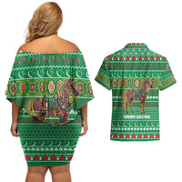 Turkmenistan Christmas Couples Matching Off Shoulder Short Dress and Hawaiian Shirt with Decorated Horse Crescent Moon Pattern and Traditional Carpet - Wonder Print Shop