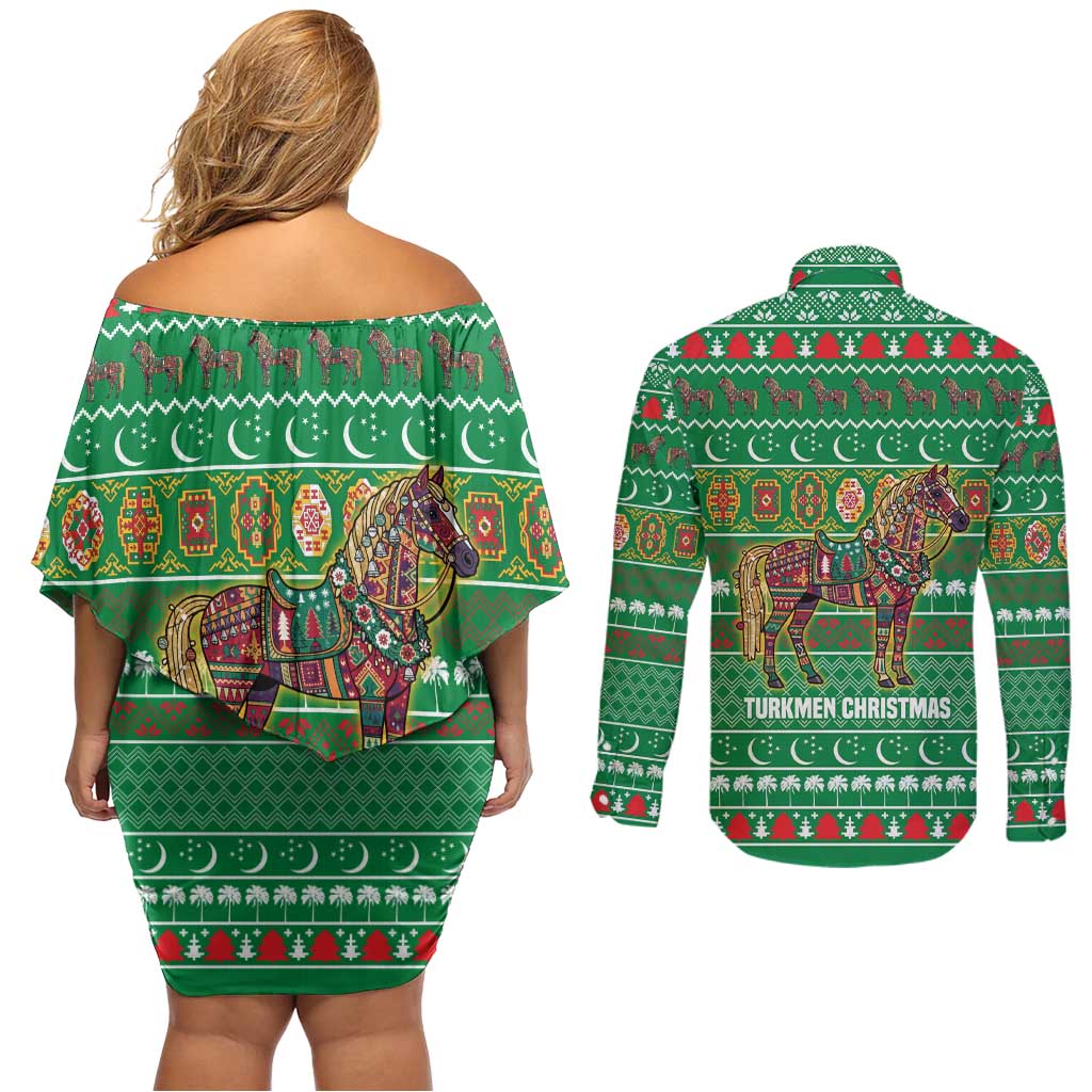 Turkmenistan Christmas Couples Matching Off Shoulder Short Dress and Long Sleeve Button Shirt with Decorated Horse Crescent Moon Pattern and Traditional Carpet - Wonder Print Shop