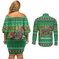 Turkmenistan Christmas Couples Matching Off Shoulder Short Dress and Long Sleeve Button Shirt with Decorated Horse Crescent Moon Pattern and Traditional Carpet - Wonder Print Shop