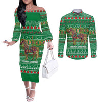 Turkmenistan Christmas Couples Matching Off The Shoulder Long Sleeve Dress and Long Sleeve Button Shirt with Decorated Horse Crescent Moon Pattern and Traditional Carpet - Wonder Print Shop