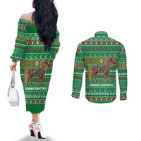 Turkmenistan Christmas Couples Matching Off The Shoulder Long Sleeve Dress and Long Sleeve Button Shirt with Decorated Horse Crescent Moon Pattern and Traditional Carpet - Wonder Print Shop