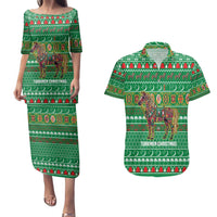 Turkmenistan Christmas Couples Matching Puletasi and Hawaiian Shirt with Decorated Horse Crescent Moon Pattern and Traditional Carpet - Wonder Print Shop