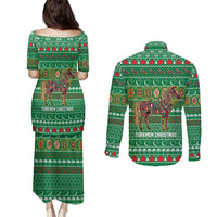 Turkmenistan Christmas Couples Matching Puletasi and Long Sleeve Button Shirt with Decorated Horse Crescent Moon Pattern and Traditional Carpet - Wonder Print Shop