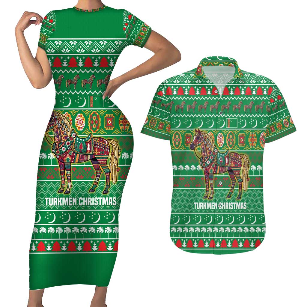 Turkmenistan Christmas Couples Matching Short Sleeve Bodycon Dress and Hawaiian Shirt with Decorated Horse Crescent Moon Pattern and Traditional Carpet - Wonder Print Shop