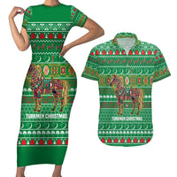Turkmenistan Christmas Couples Matching Short Sleeve Bodycon Dress and Hawaiian Shirt with Decorated Horse Crescent Moon Pattern and Traditional Carpet - Wonder Print Shop