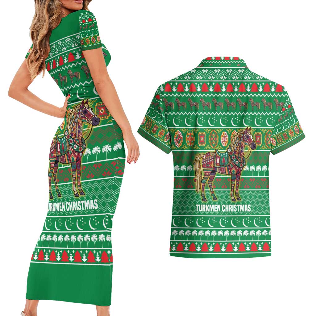 Turkmenistan Christmas Couples Matching Short Sleeve Bodycon Dress and Hawaiian Shirt with Decorated Horse Crescent Moon Pattern and Traditional Carpet - Wonder Print Shop