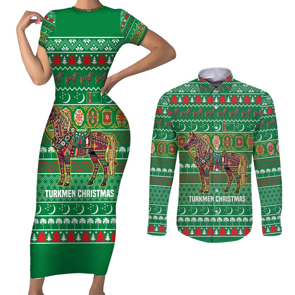 Turkmenistan Christmas Couples Matching Short Sleeve Bodycon Dress and Long Sleeve Button Shirt with Decorated Horse Crescent Moon Pattern and Traditional Carpet - Wonder Print Shop