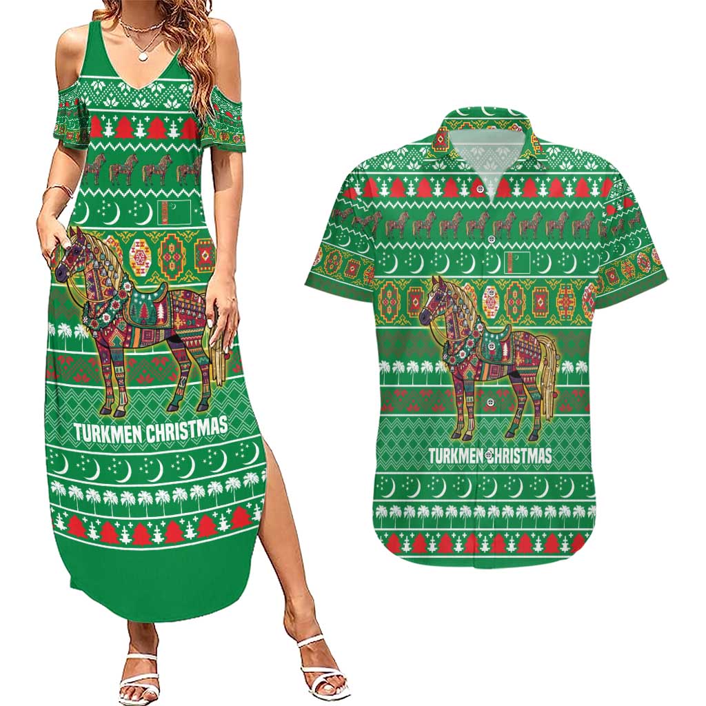 Turkmenistan Christmas Couples Matching Summer Maxi Dress and Hawaiian Shirt with Decorated Horse Crescent Moon Pattern and Traditional Carpet - Wonder Print Shop