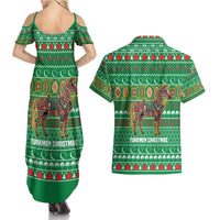 Turkmenistan Christmas Couples Matching Summer Maxi Dress and Hawaiian Shirt with Decorated Horse Crescent Moon Pattern and Traditional Carpet - Wonder Print Shop