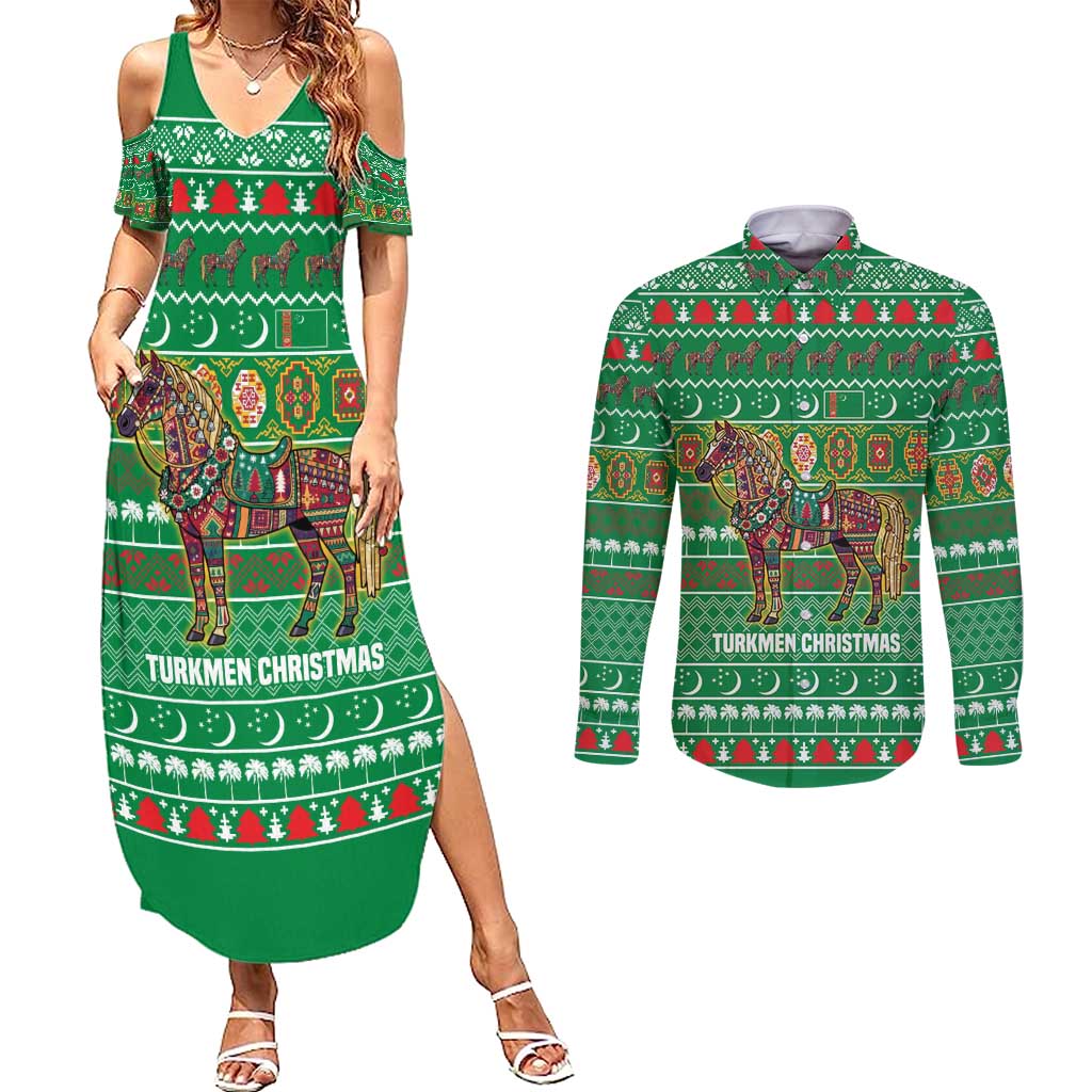 Turkmenistan Christmas Couples Matching Summer Maxi Dress and Long Sleeve Button Shirt with Decorated Horse Crescent Moon Pattern and Traditional Carpet - Wonder Print Shop