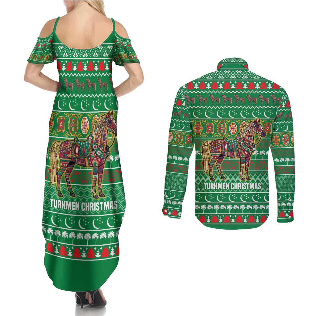 Turkmenistan Christmas Couples Matching Summer Maxi Dress and Long Sleeve Button Shirt with Decorated Horse Crescent Moon Pattern and Traditional Carpet - Wonder Print Shop