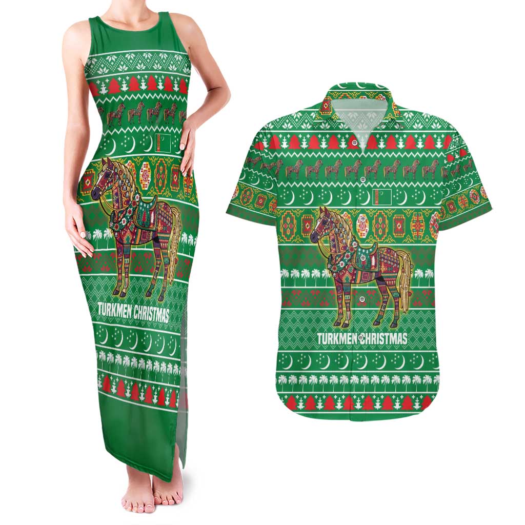 Turkmenistan Christmas Couples Matching Tank Maxi Dress and Hawaiian Shirt with Decorated Horse Crescent Moon Pattern and Traditional Carpet - Wonder Print Shop