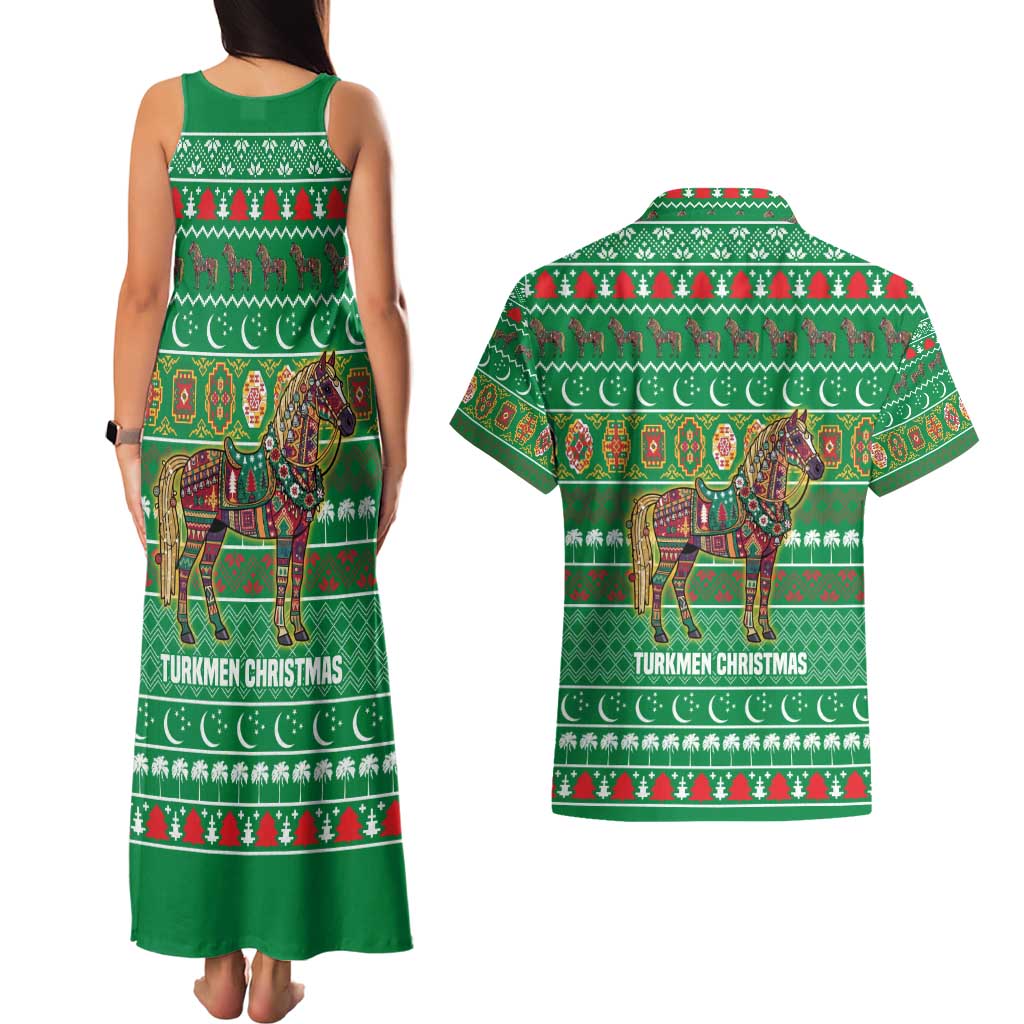 Turkmenistan Christmas Couples Matching Tank Maxi Dress and Hawaiian Shirt with Decorated Horse Crescent Moon Pattern and Traditional Carpet - Wonder Print Shop