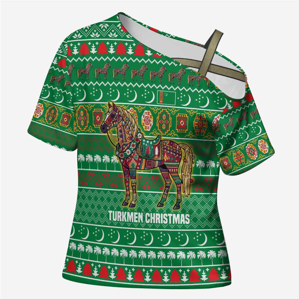 Turkmenistan Christmas Cross Shoulder Shirt with Decorated Horse Crescent Moon Pattern and Traditional Carpet - Wonder Print Shop