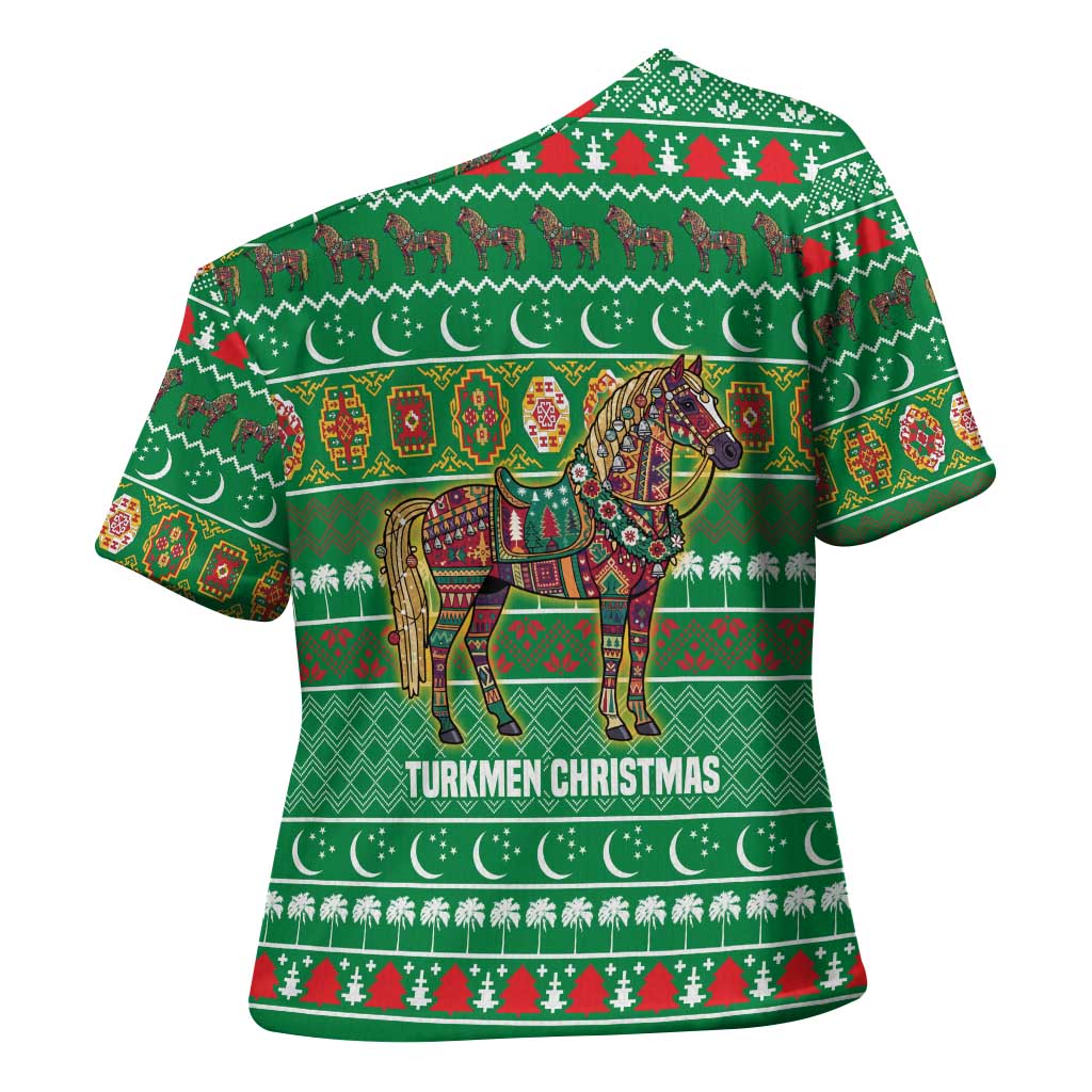 Turkmenistan Christmas Cross Shoulder Shirt with Decorated Horse Crescent Moon Pattern and Traditional Carpet - Wonder Print Shop
