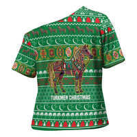 Turkmenistan Christmas Cross Shoulder Shirt with Decorated Horse Crescent Moon Pattern and Traditional Carpet - Wonder Print Shop