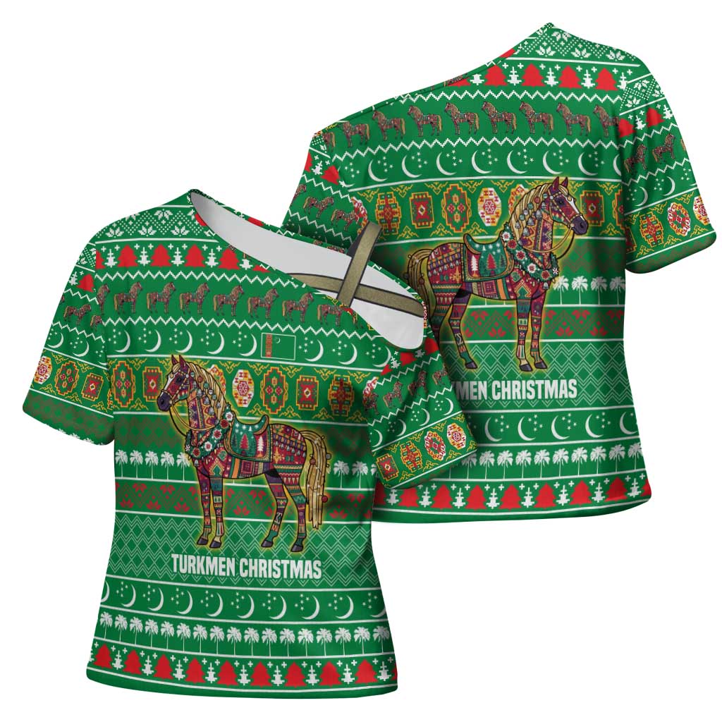 Turkmenistan Christmas Cross Shoulder Shirt with Decorated Horse Crescent Moon Pattern and Traditional Carpet - Wonder Print Shop