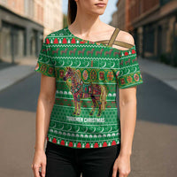 Turkmenistan Christmas Cross Shoulder Shirt with Decorated Horse Crescent Moon Pattern and Traditional Carpet - Wonder Print Shop