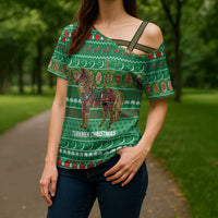 Turkmenistan Christmas Cross Shoulder Shirt with Decorated Horse Crescent Moon Pattern and Traditional Carpet - Wonder Print Shop