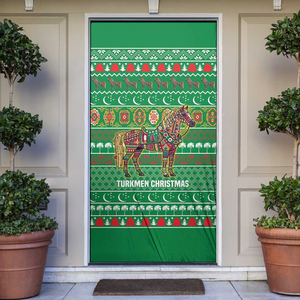 Turkmenistan Christmas Door Cover with Decorated Horse Crescent Moon Pattern and Traditional Carpet - Wonder Print Shop