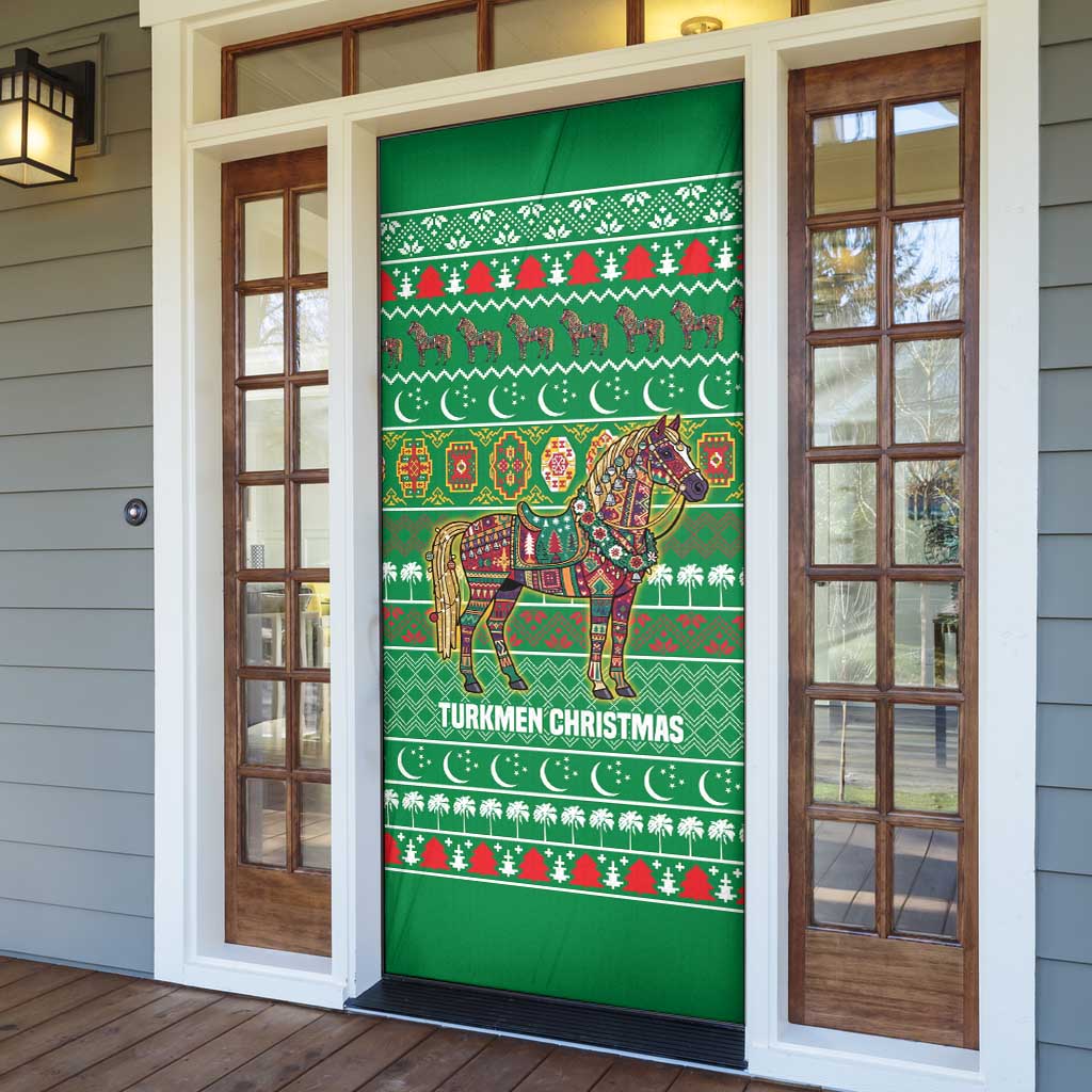 Turkmenistan Christmas Door Cover with Decorated Horse Crescent Moon Pattern and Traditional Carpet - Wonder Print Shop