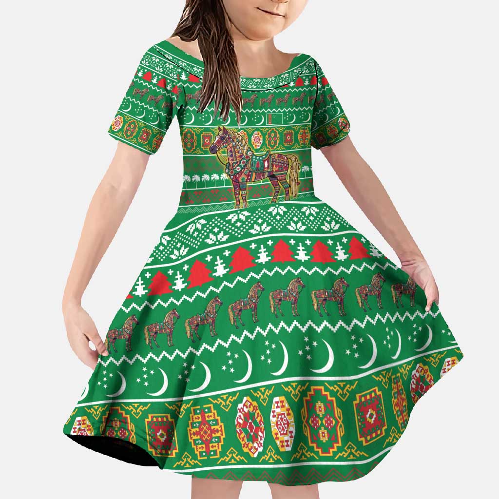 Turkmenistan Christmas Family Matching Long Sleeve Bodycon Dress and Hawaiian Shirt with Decorated Horse Crescent Moon Pattern and Traditional Carpet - Wonder Print Shop