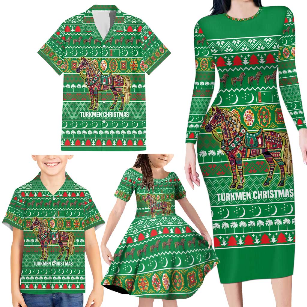 Turkmenistan Christmas Family Matching Long Sleeve Bodycon Dress and Hawaiian Shirt with Decorated Horse Crescent Moon Pattern and Traditional Carpet - Wonder Print Shop