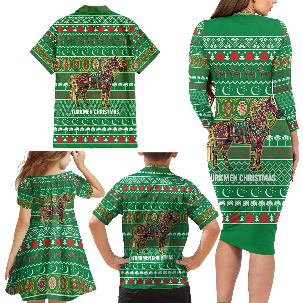 Turkmenistan Christmas Family Matching Long Sleeve Bodycon Dress and Hawaiian Shirt with Decorated Horse Crescent Moon Pattern and Traditional Carpet - Wonder Print Shop