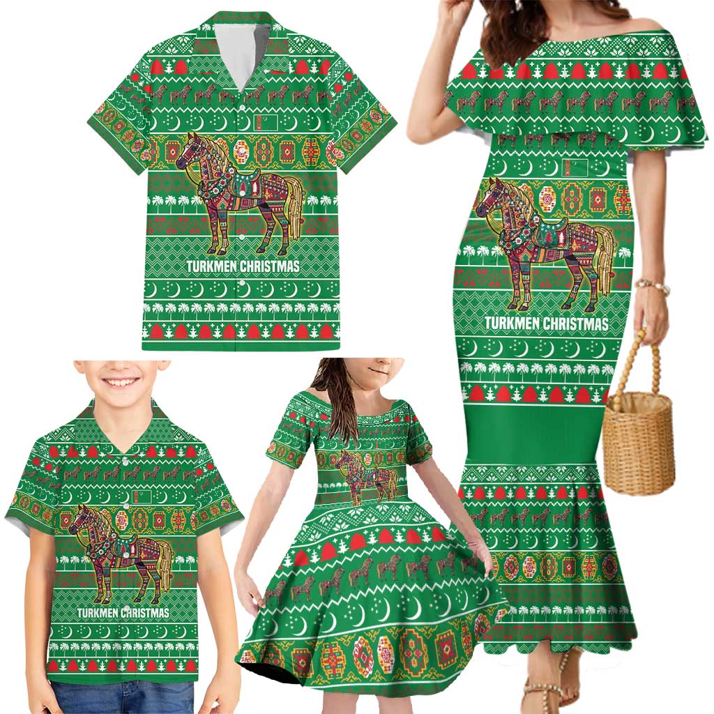 Turkmenistan Christmas Family Matching Mermaid Dress and Hawaiian Shirt with Decorated Horse Crescent Moon Pattern and Traditional Carpet - Wonder Print Shop