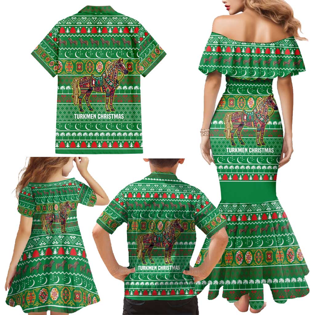 Turkmenistan Christmas Family Matching Mermaid Dress and Hawaiian Shirt with Decorated Horse Crescent Moon Pattern and Traditional Carpet - Wonder Print Shop