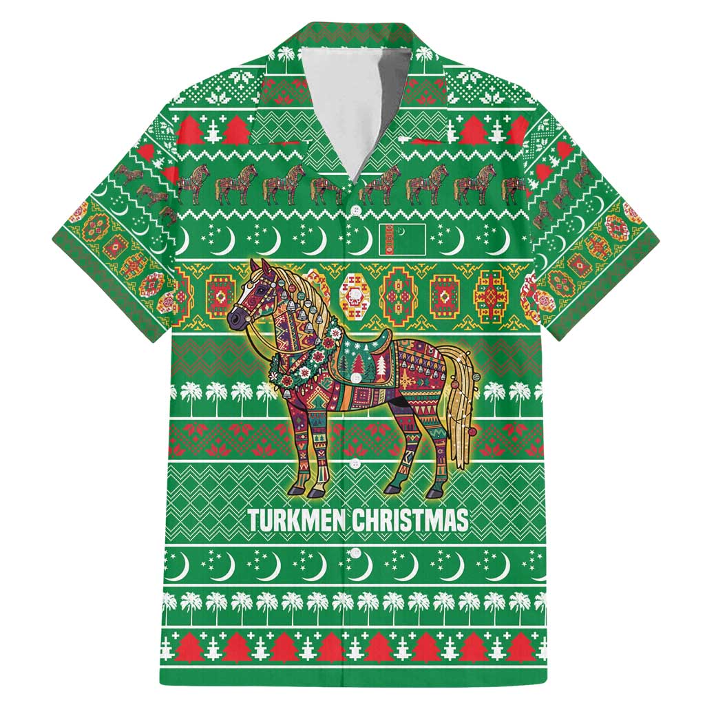 Turkmenistan Christmas Family Matching Mermaid Dress and Hawaiian Shirt with Decorated Horse Crescent Moon Pattern and Traditional Carpet - Wonder Print Shop