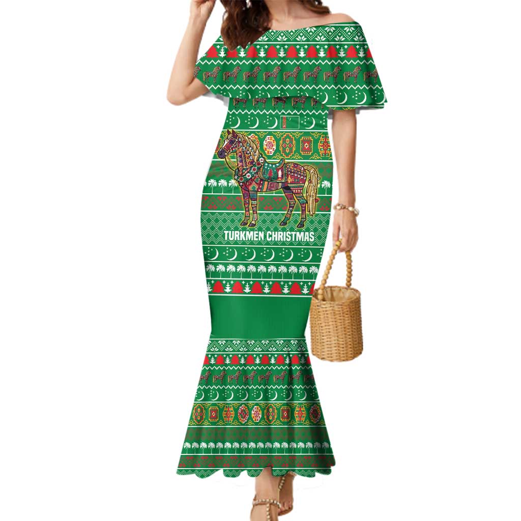 Turkmenistan Christmas Family Matching Mermaid Dress and Hawaiian Shirt with Decorated Horse Crescent Moon Pattern and Traditional Carpet - Wonder Print Shop