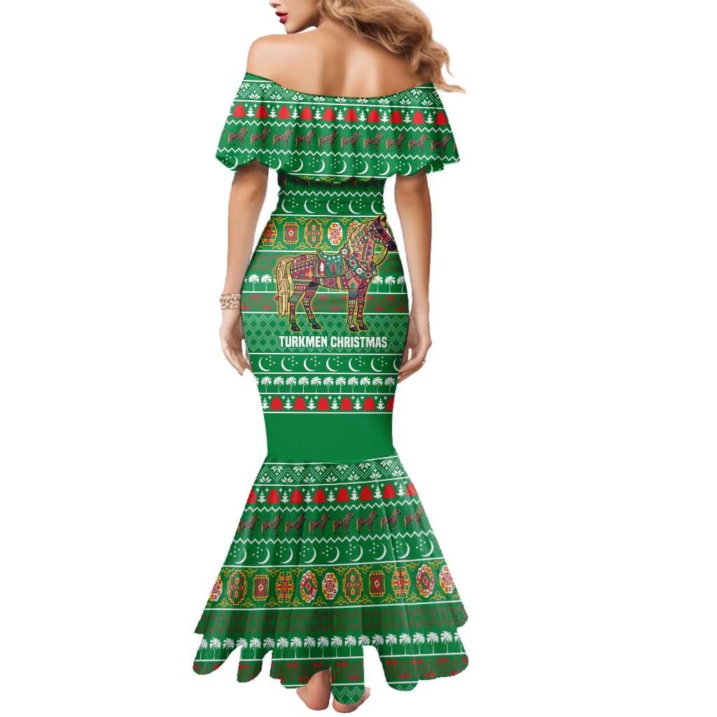 Turkmenistan Christmas Family Matching Mermaid Dress and Hawaiian Shirt with Decorated Horse Crescent Moon Pattern and Traditional Carpet - Wonder Print Shop