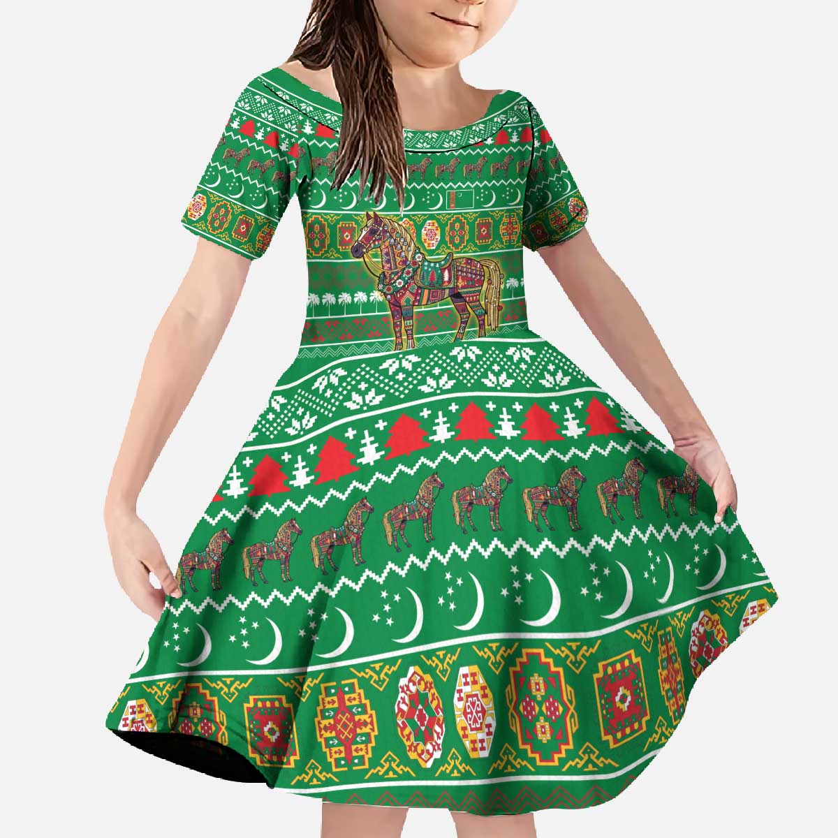 Turkmenistan Christmas Family Matching Off The Shoulder Long Sleeve Dress and Hawaiian Shirt with Decorated Horse Crescent Moon Pattern and Traditional Carpet - Wonder Print Shop