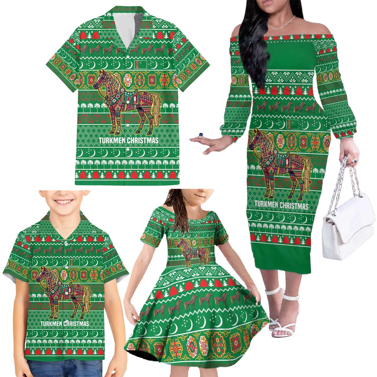 Turkmenistan Christmas Family Matching Off The Shoulder Long Sleeve Dress and Hawaiian Shirt with Decorated Horse Crescent Moon Pattern and Traditional Carpet - Wonder Print Shop