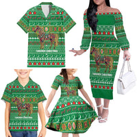 Turkmenistan Christmas Family Matching Off The Shoulder Long Sleeve Dress and Hawaiian Shirt with Decorated Horse Crescent Moon Pattern and Traditional Carpet - Wonder Print Shop